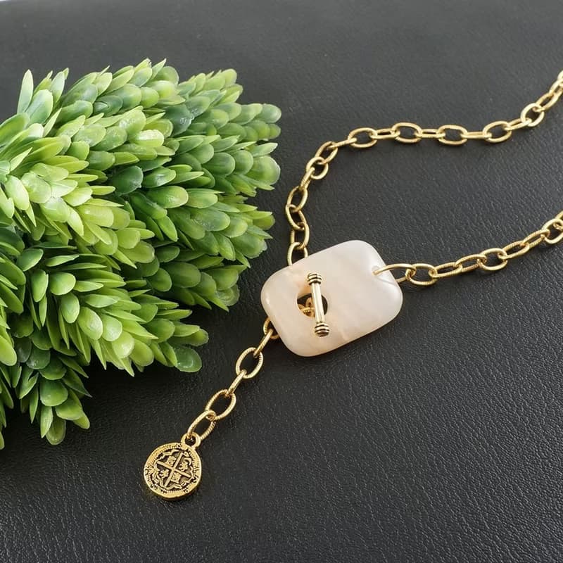 Pink Chalcedony Gold Coin Charm Golden Chain Choker Toggle Necklace Jewelry Gift