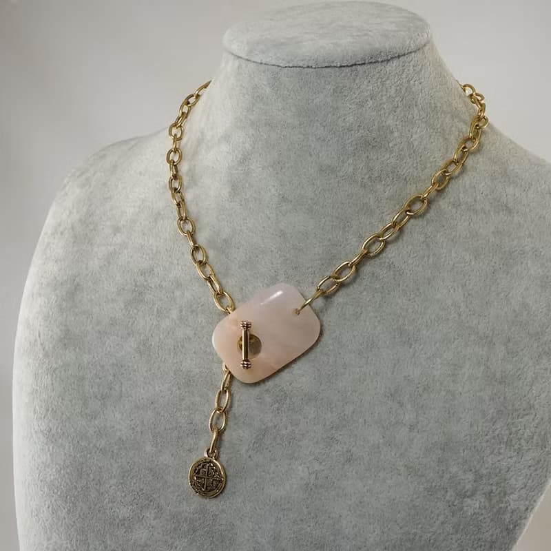 Pink Chalcedony Gold Coin Charm Golden Chain Choker Toggle Necklace Jewelry Gift