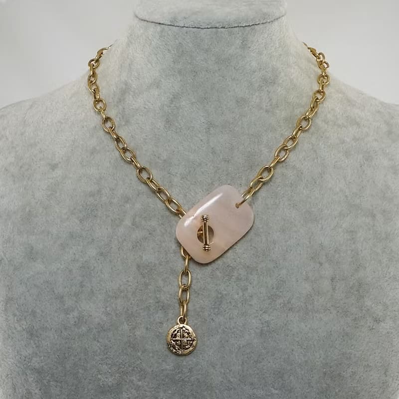 Pink Chalcedony Gold Coin Charm Golden Chain Choker Toggle Necklace Jewelry Gift