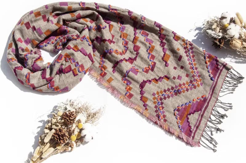 喀什米爾Cashmere/水煮羊毛披肩/針織圍巾/刺繡圍巾/羊絨披巾-粉