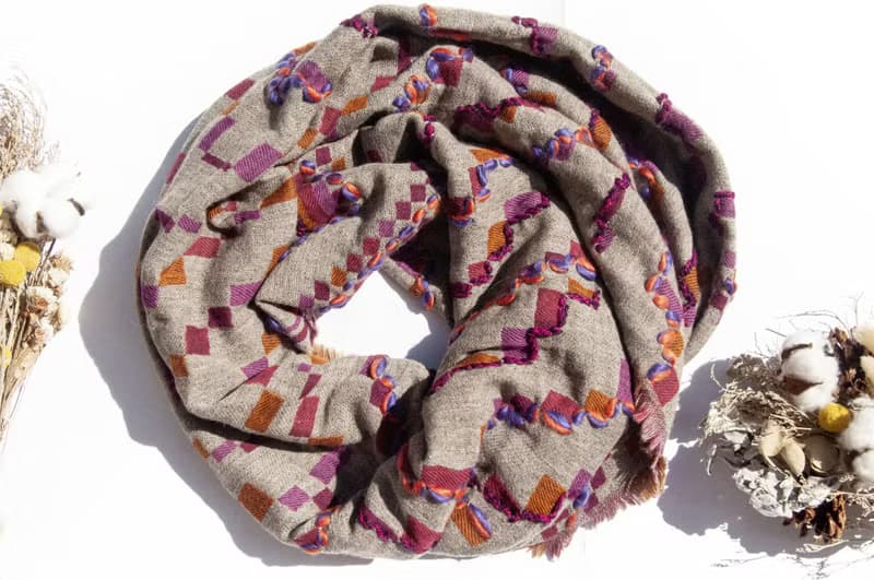 喀什米爾Cashmere/水煮羊毛披肩/針織圍巾/刺繡圍巾/羊絨披巾-粉