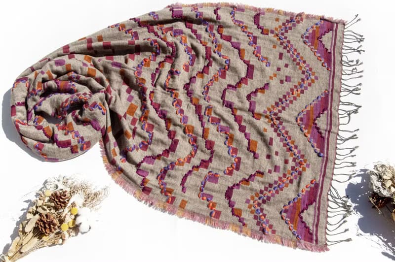 喀什米爾Cashmere/水煮羊毛披肩/針織圍巾/刺繡圍巾/羊絨披巾-粉