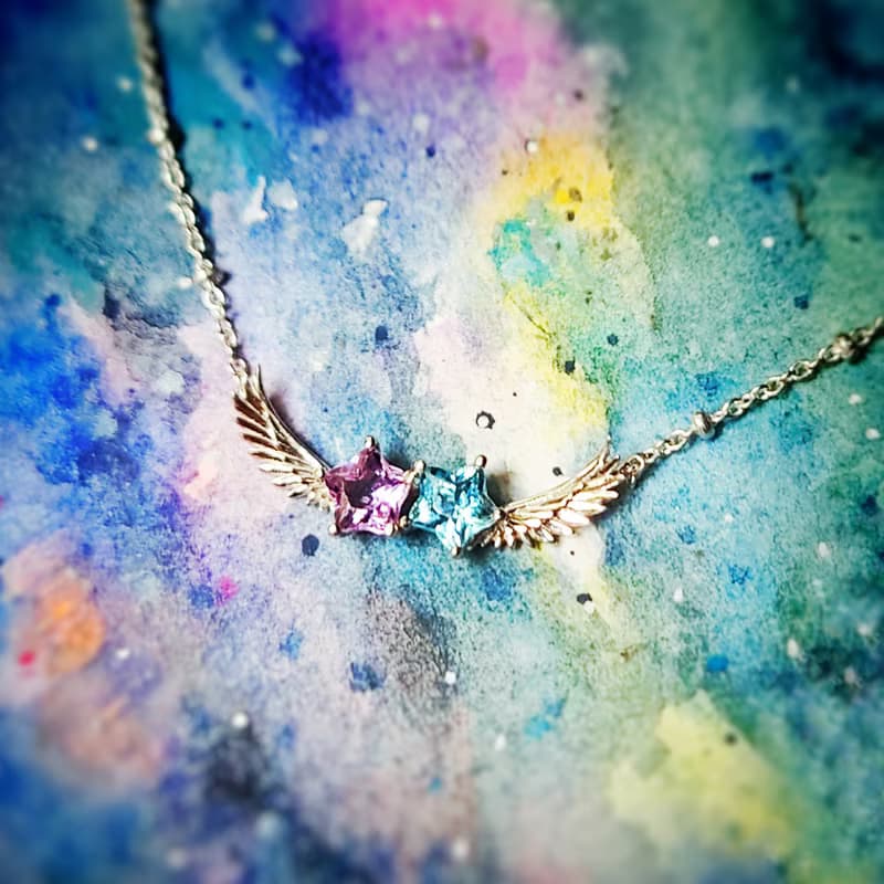 飛翔雙子星星紫晶瑞士藍托帕石純銀頸鏈