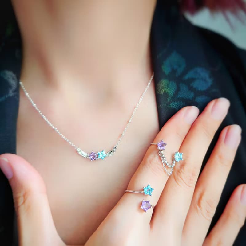 飛翔雙子星星紫晶瑞士藍托帕石純銀頸鏈