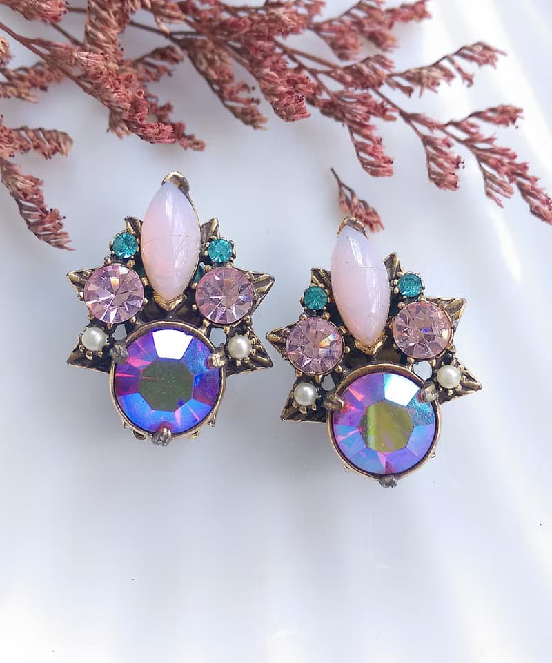 Vintage Jewelry 西洋古董飾品 FLORENZA 粉紅馬眼 花形 夾式耳環