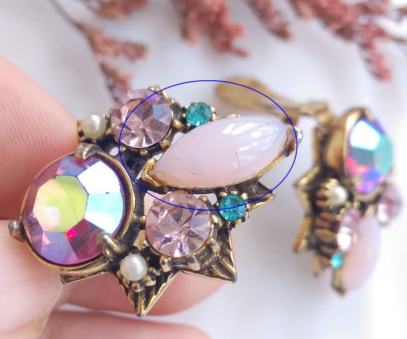 Vintage Jewelry 西洋古董飾品 FLORENZA 粉紅馬眼 花形 夾式耳環