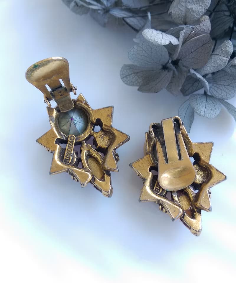 Vintage Jewelry 西洋古董飾品 FLORENZA 粉紅馬眼 花形 夾式耳環