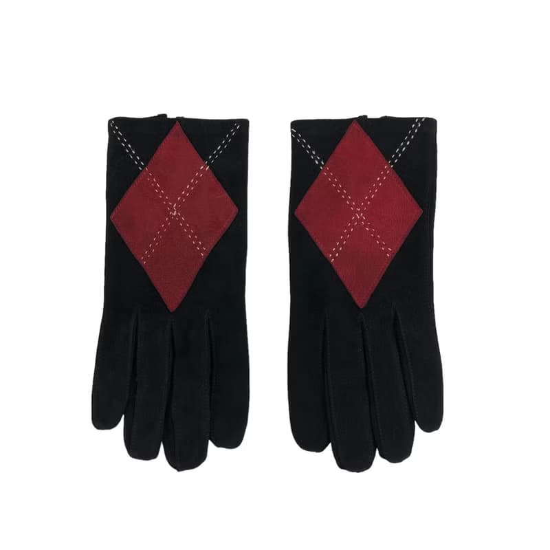 【 日本直送　名牌中古包 】CELINE セリーヌ スエード アーガイル グローブ 手袋 レッド ブラック vintage ヴィンテージ オールド z77scn