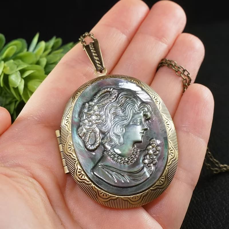 Gray Mother of Pearl Lady Girl Cameo Photo Locket Victorian Necklace Jewelry