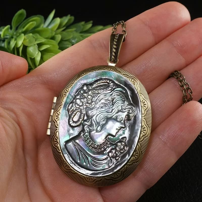 Gray Mother of Pearl Lady Girl Cameo Photo Locket Victorian Necklace Jewelry