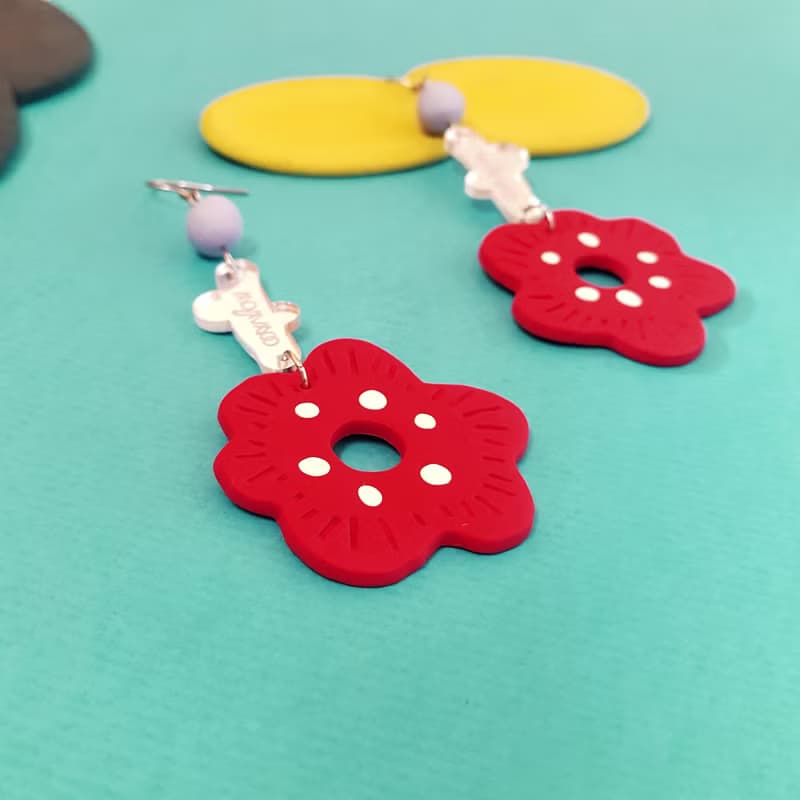 偶數花朵系列 耳環 - 壓克力 垂墜 花朵 紅花 ( 耳針 / 耳夾 )