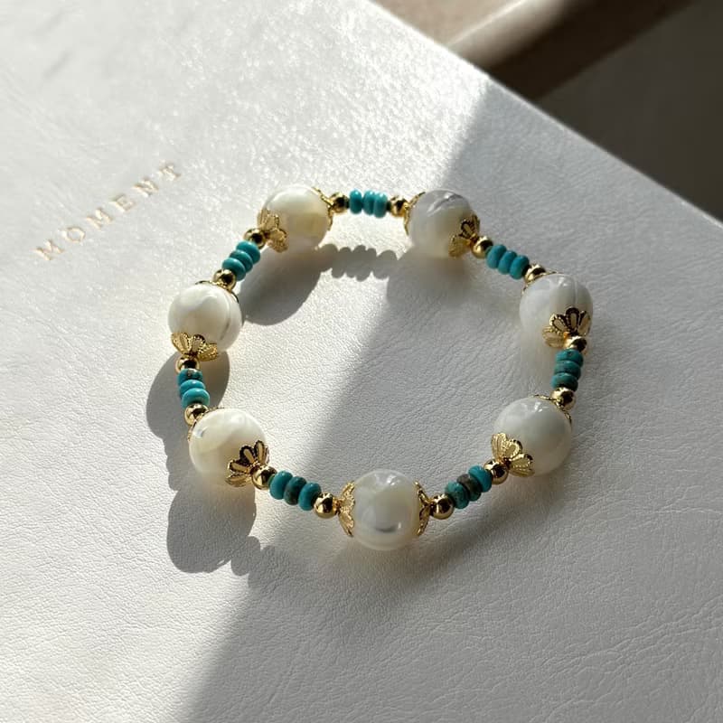 【羅馬蔓貝】馬蹄螺 松石 鍍金天然水晶手鏈手串 貝殼 沙灘 海