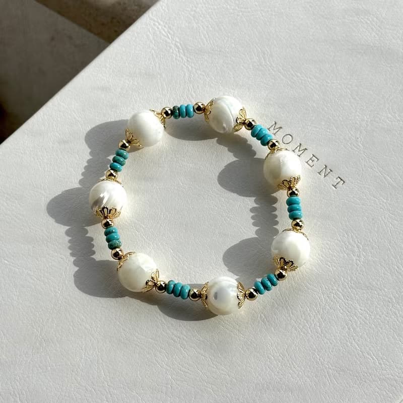 【羅馬蔓貝】馬蹄螺 松石 鍍金天然水晶手鏈手串 貝殼 沙灘 海