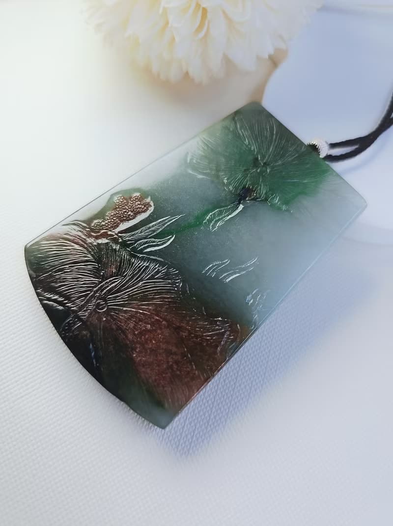 收藏級 招財|深海寶藏|緬甸A玉翡翠多彩海底荷花雙面巧雕牌