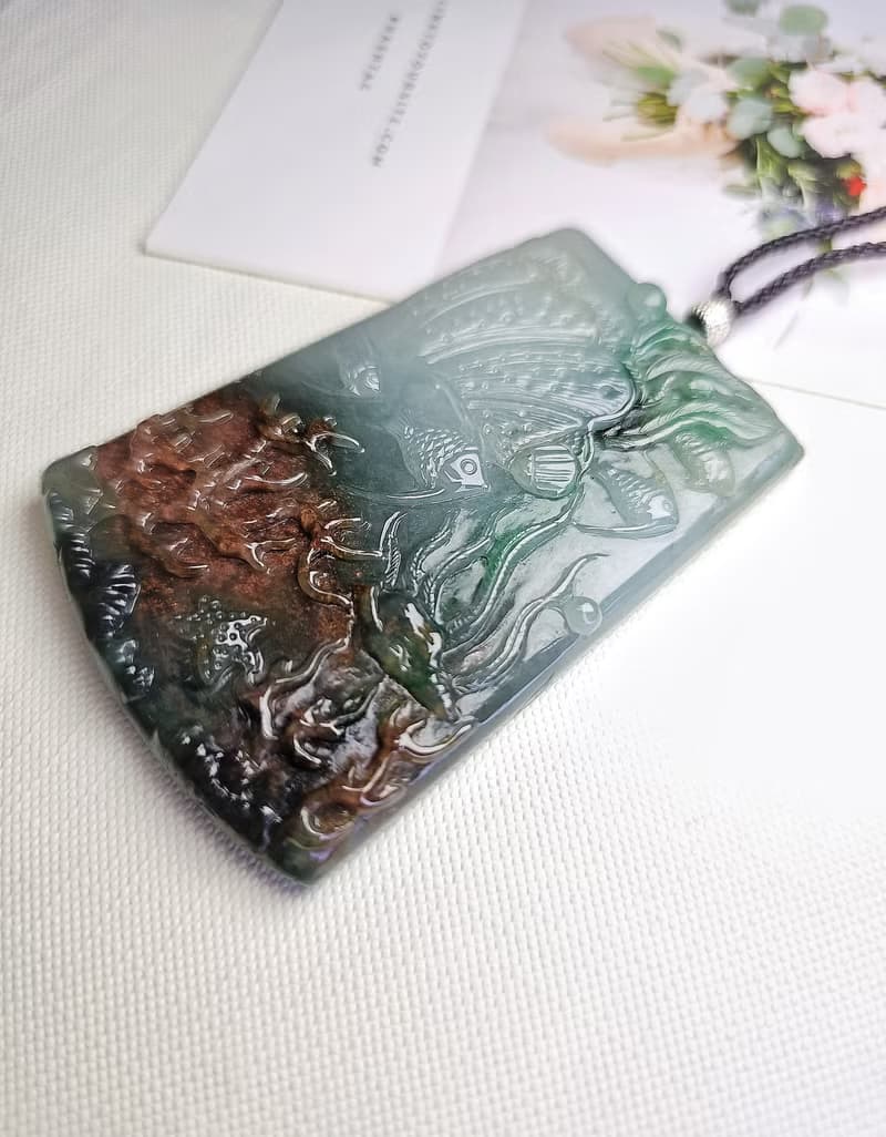 收藏級 招財|深海寶藏|緬甸A玉翡翠多彩海底荷花雙面巧雕牌