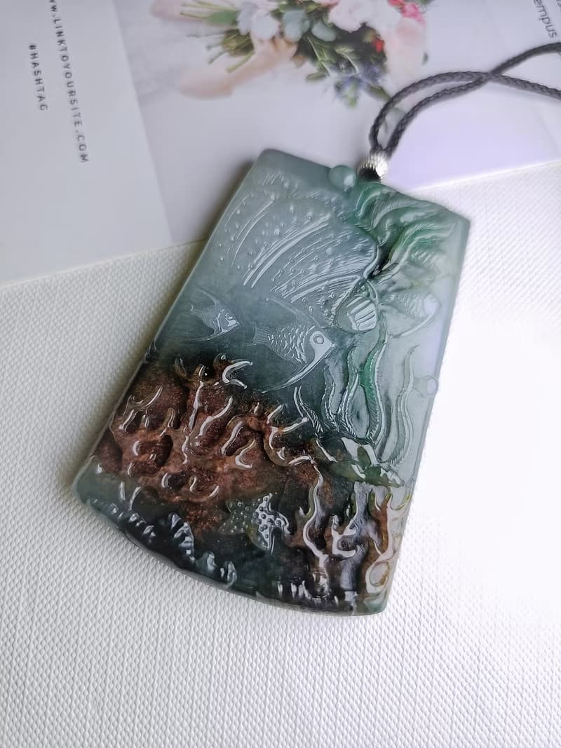 收藏級 招財|深海寶藏|緬甸A玉翡翠多彩海底荷花雙面巧雕牌