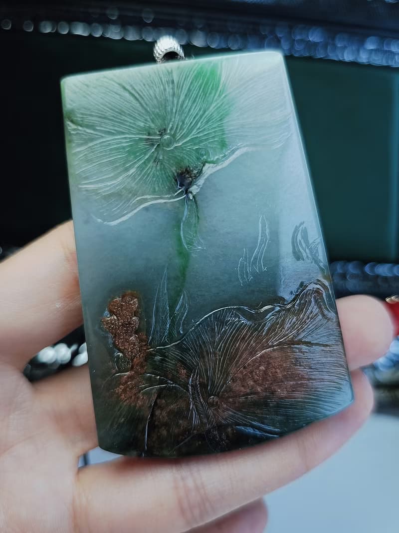 收藏級 招財|深海寶藏|緬甸A玉翡翠多彩海底荷花雙面巧雕牌