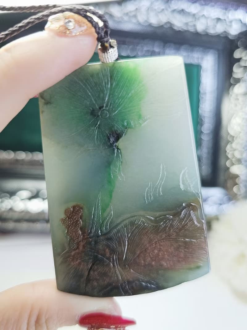 收藏級 招財|深海寶藏|緬甸A玉翡翠多彩海底荷花雙面巧雕牌
