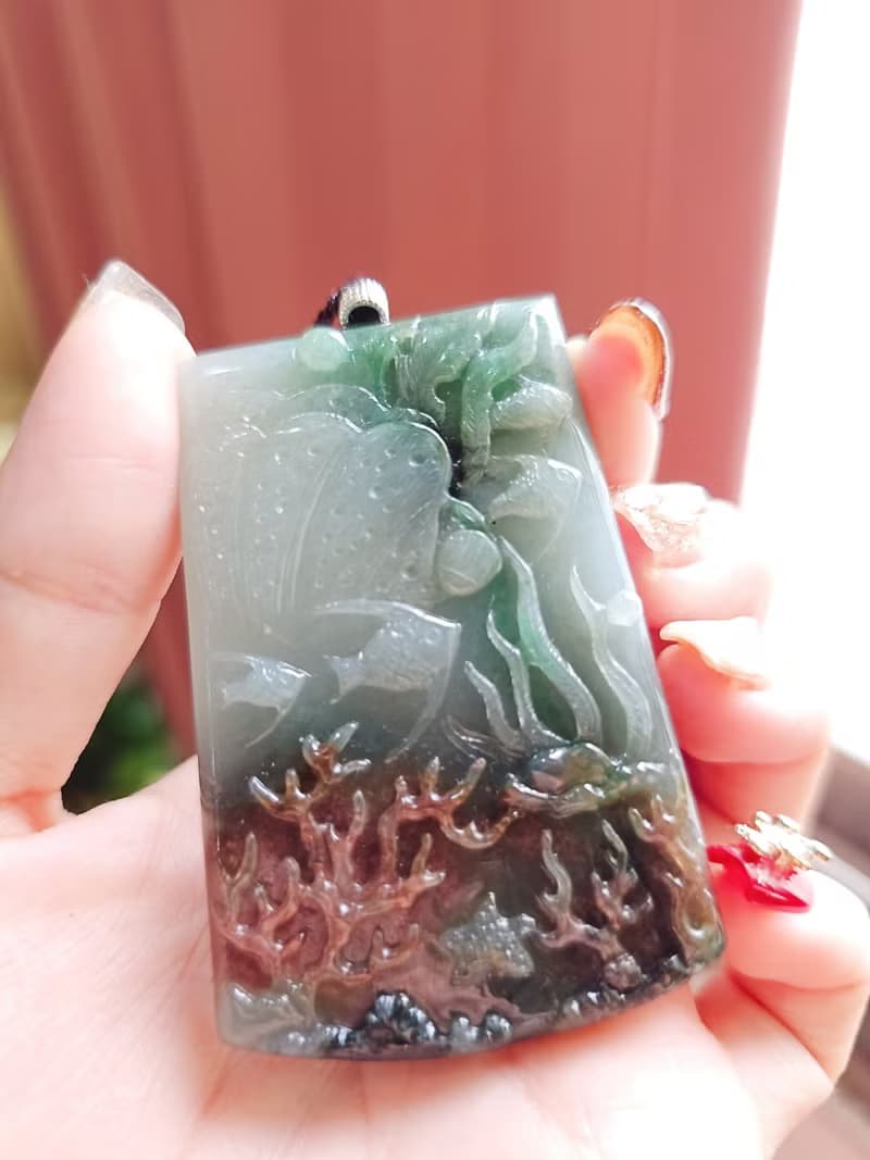 收藏級 招財|深海寶藏|緬甸A玉翡翠多彩海底荷花雙面巧雕牌