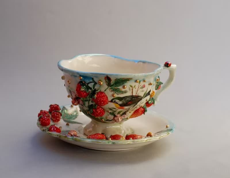 Cup and saucer Handmade porcelain art tea set Raspberry birdie flowers decor
