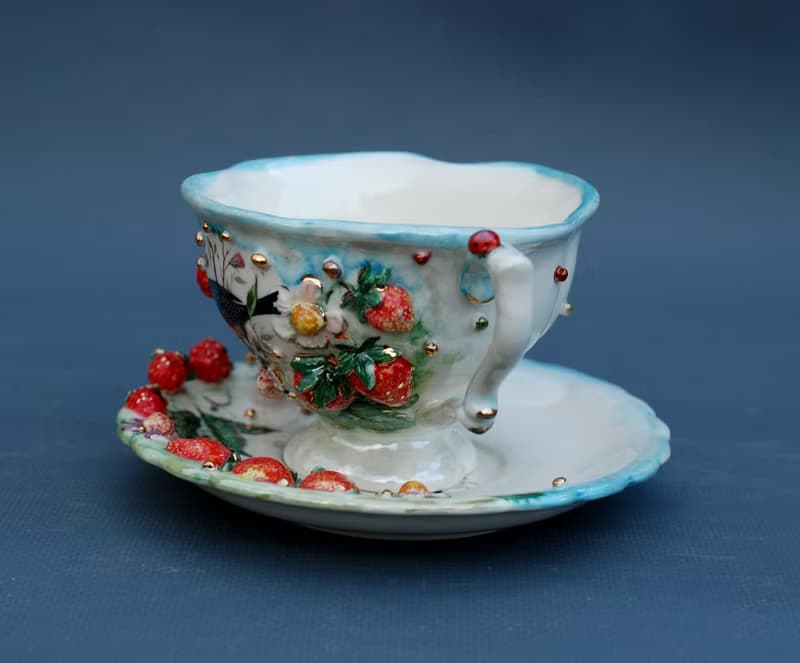 Cup and saucer Handmade porcelain art tea set Raspberry birdie flowers decor