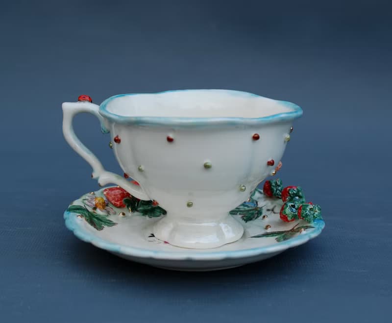 Cup and saucer Handmade porcelain art tea set Raspberry birdie flowers decor