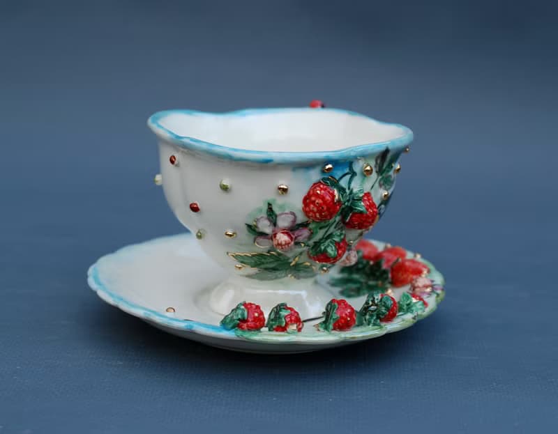 Cup and saucer Handmade porcelain art tea set Raspberry birdie flowers decor