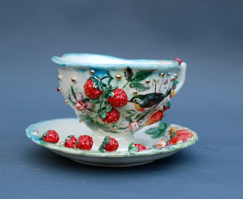 Cup and saucer Handmade porcelain art tea set Raspberry birdie flowers decor