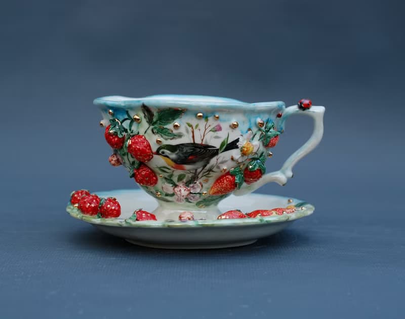 Cup and saucer Handmade porcelain art tea set Raspberry birdie flowers decor