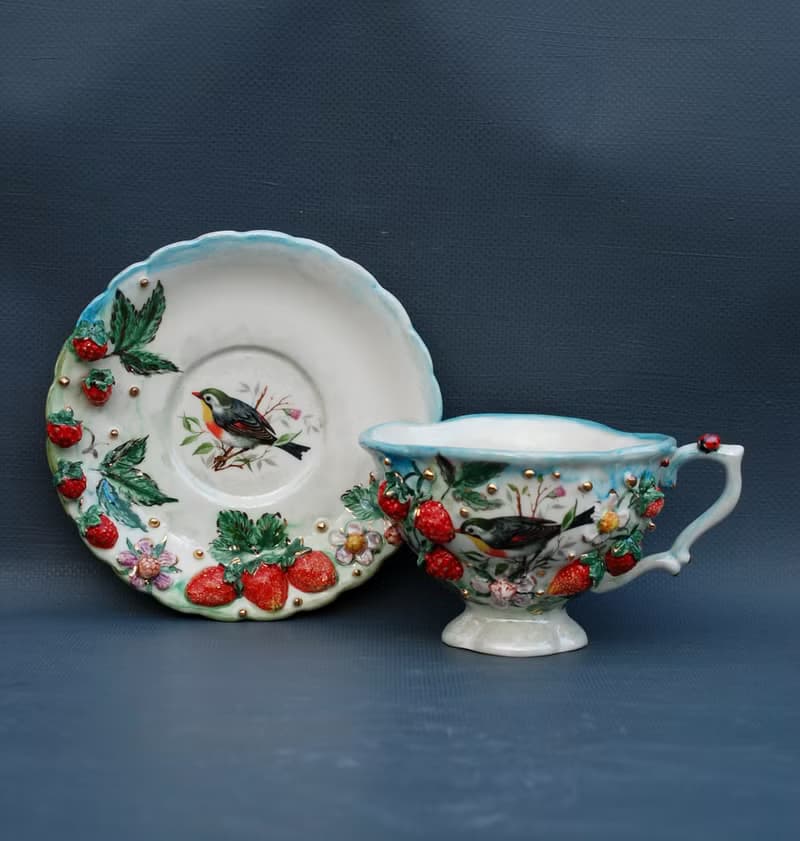 Cup and saucer Handmade porcelain art tea set Raspberry birdie flowers decor