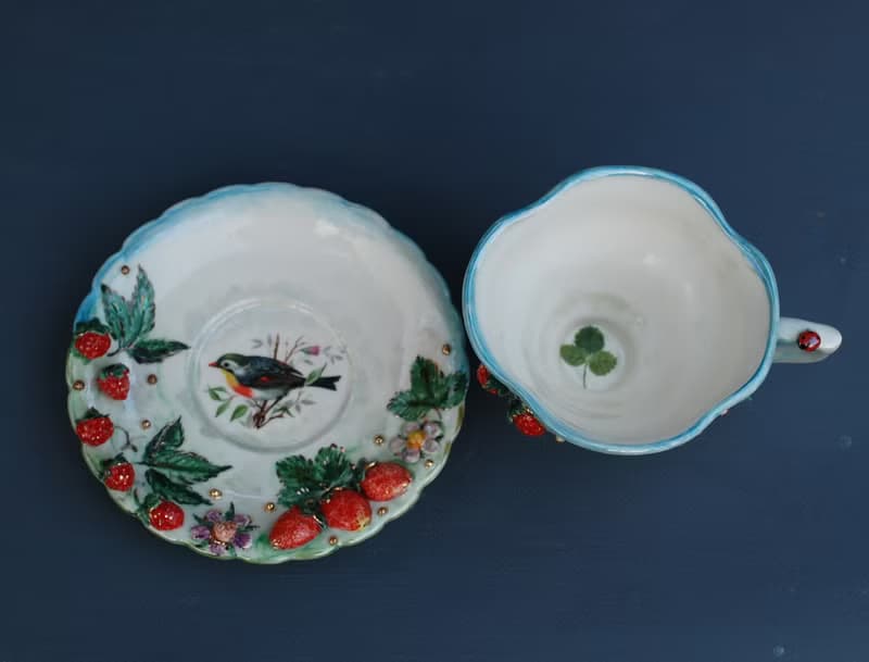Cup and saucer Handmade porcelain art tea set Raspberry birdie flowers decor
