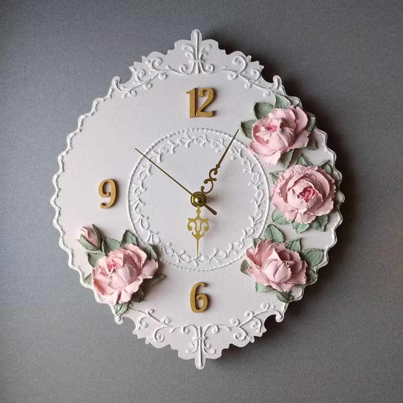 Kids wall decor Pink small wall clock with pink roses Nursery Silent wall clock