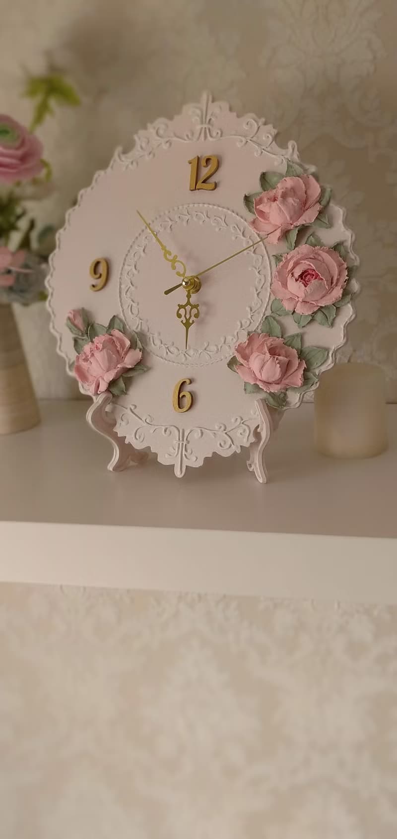 Kids wall decor Pink small wall clock with pink roses Nursery Silent wall clock