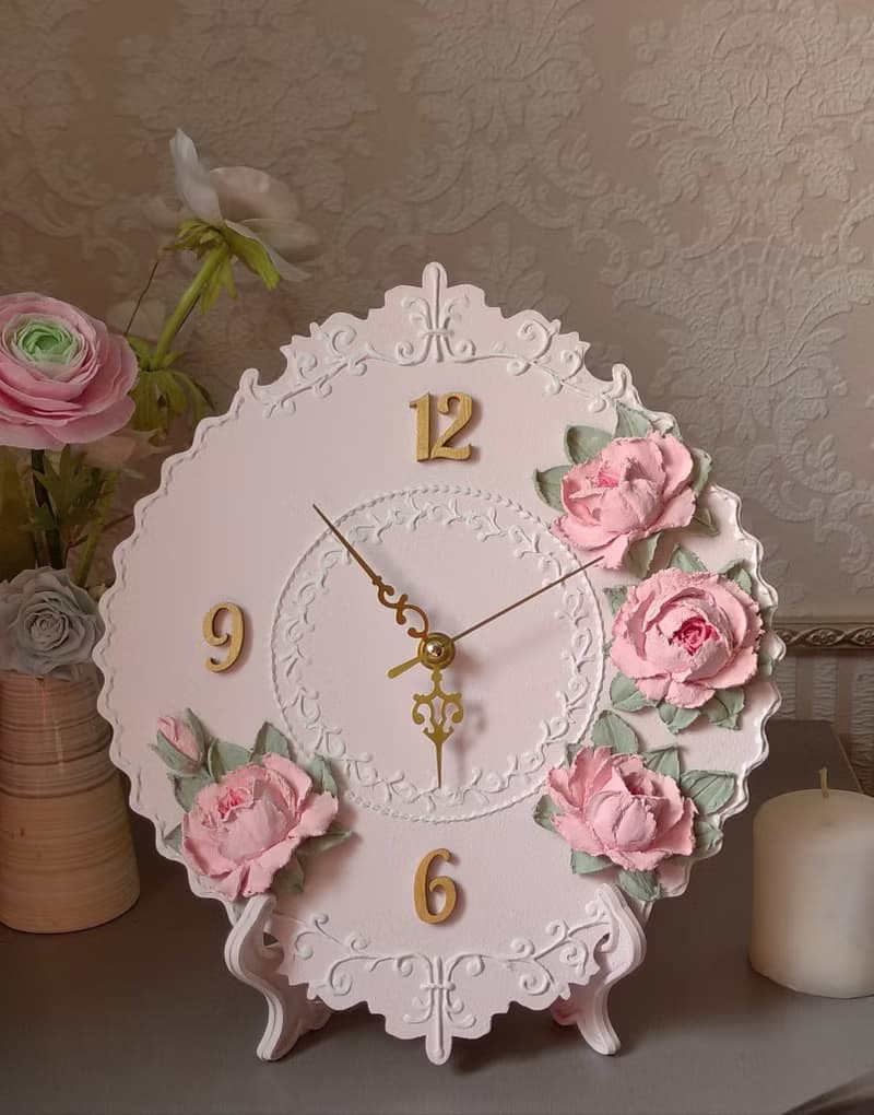 Kids wall decor Pink small wall clock with pink roses Nursery Silent wall clock