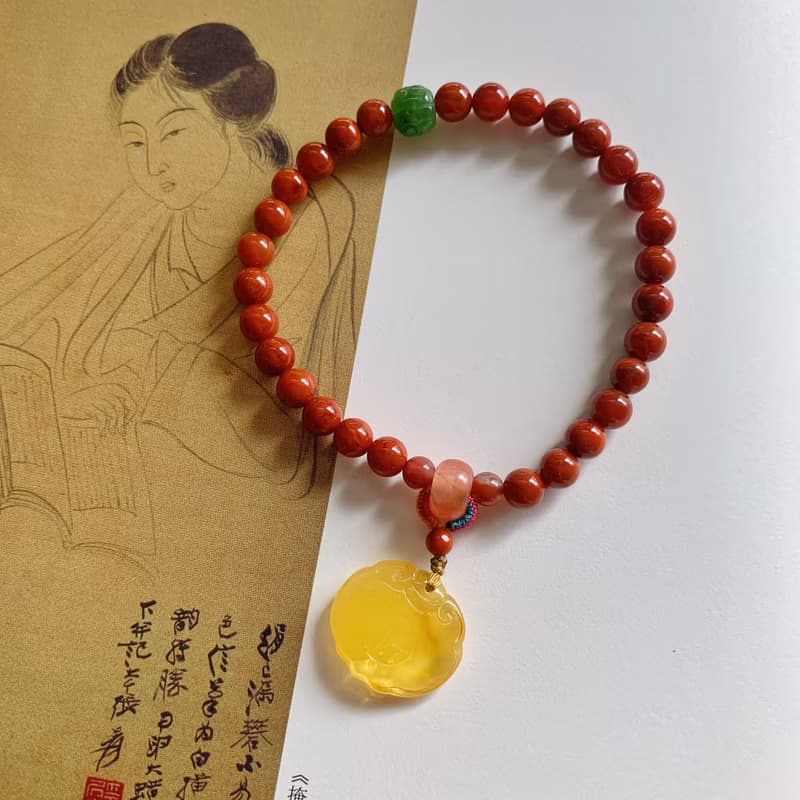 聞香記。天然瓦西料南紅 碧玉回紋老型珠 蜜蠟如意鎖手鏈禮物氣質