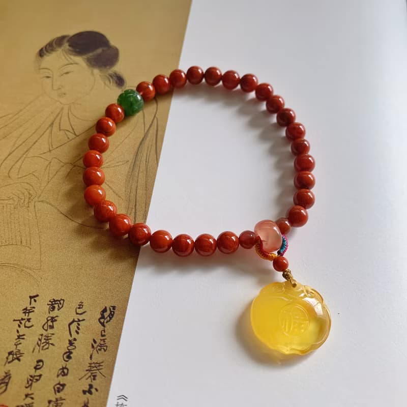 聞香記。天然瓦西料南紅 碧玉回紋老型珠 蜜蠟如意鎖手鏈禮物氣質