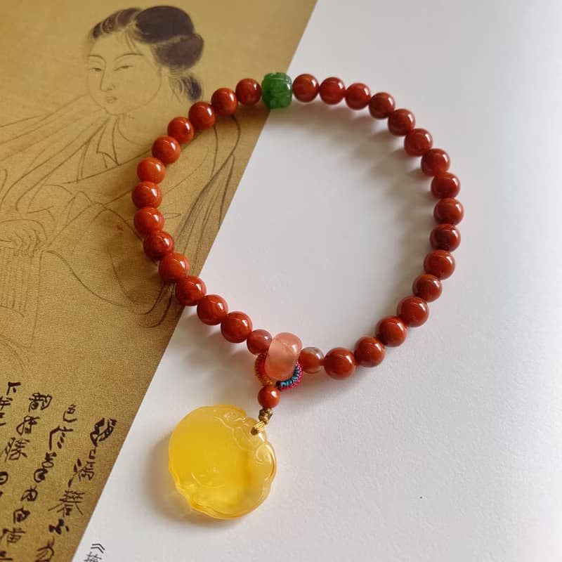 聞香記。天然瓦西料南紅 碧玉回紋老型珠 蜜蠟如意鎖手鏈禮物氣質