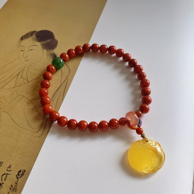 聞香記。天然瓦西料南紅 碧玉回紋老型珠 蜜蠟如意鎖手鏈禮物氣質