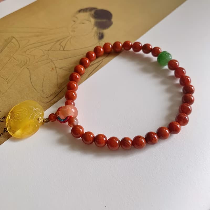 聞香記。天然瓦西料南紅 碧玉回紋老型珠 蜜蠟如意鎖手鏈禮物氣質