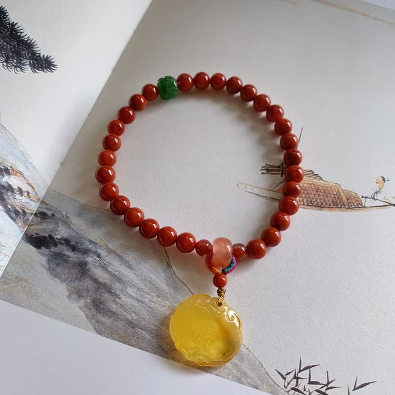 聞香記。天然瓦西料南紅 碧玉回紋老型珠 蜜蠟如意鎖手鏈禮物氣質