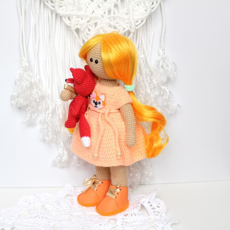 Crochet doll with little fox  Gift set for girl Personalized crochet doll