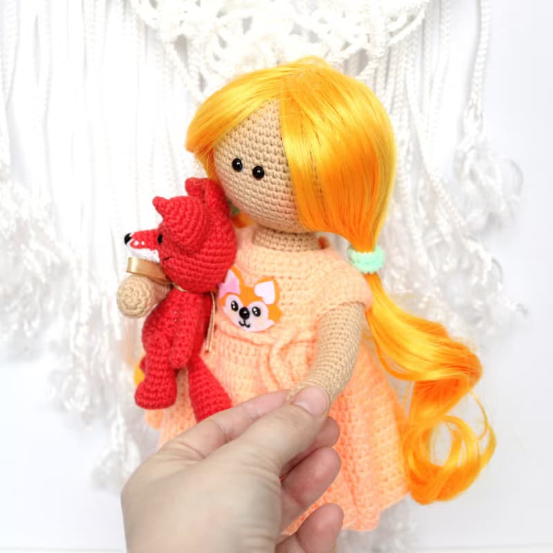 Crochet doll with little fox  Gift set for girl Personalized crochet doll