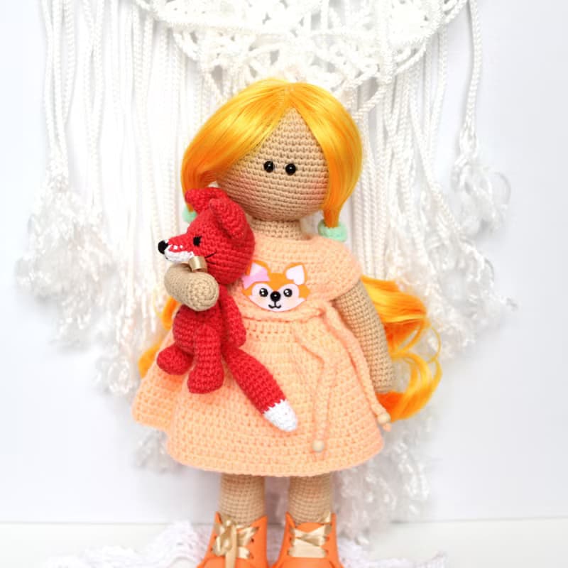 Crochet doll with little fox  Gift set for girl Personalized crochet doll