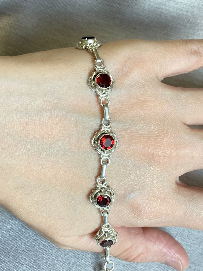 天然 切面 石榴石 手鍊 尼泊爾 手工製 925純銀