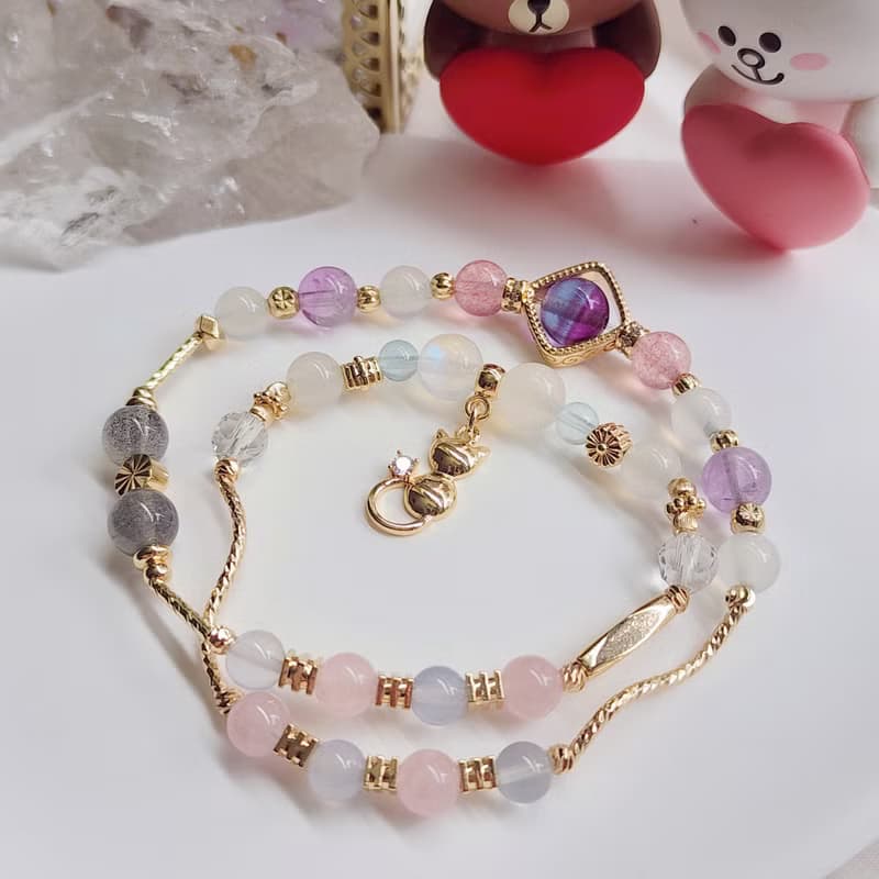 琉璃夢綺。螢石 草莓晶 海藍寶 月光石 拉長石 水晶雙圈手鍊