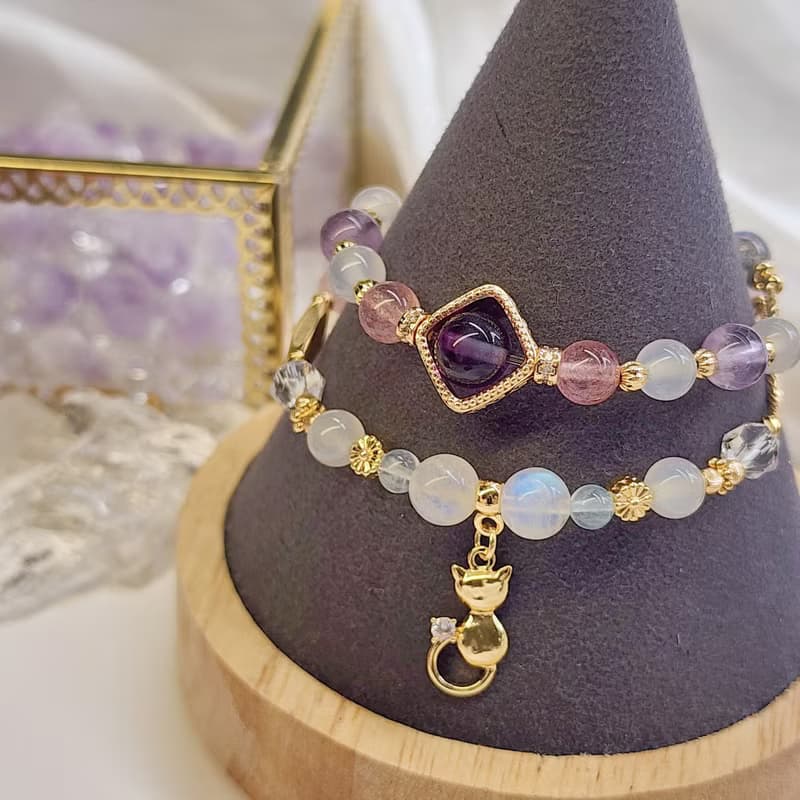琉璃夢綺。螢石 草莓晶 海藍寶 月光石 拉長石 水晶雙圈手鍊