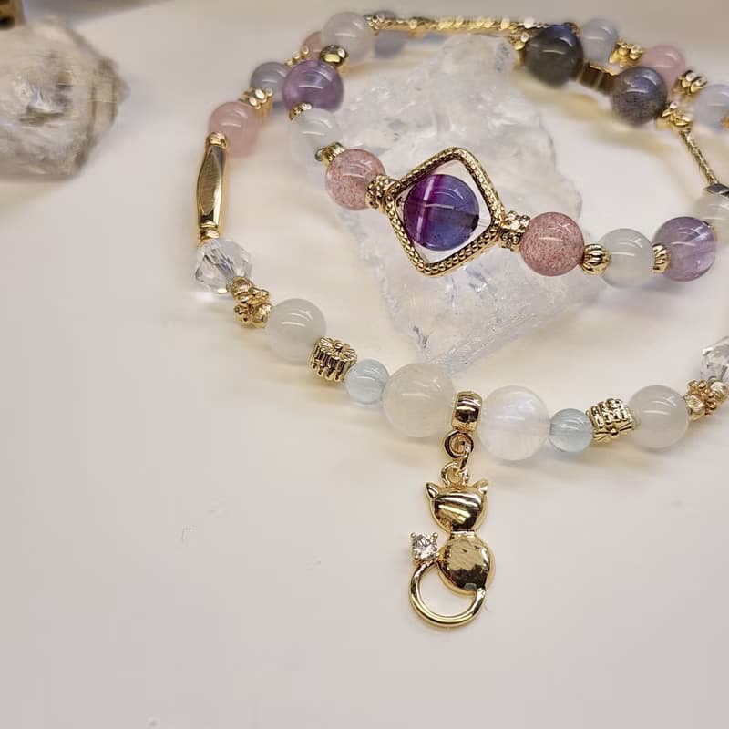 琉璃夢綺。螢石 草莓晶 海藍寶 月光石 拉長石 水晶雙圈手鍊