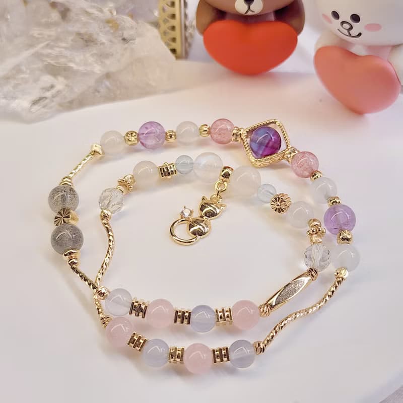 琉璃夢綺。螢石 草莓晶 海藍寶 月光石 拉長石 水晶雙圈手鍊
