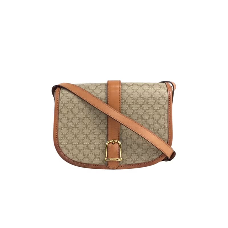 【 日本直送　名牌中古包 】CELINE セリーヌ マカダム ショルダーバッグ ベージュ フロントバックル PVC レザー フラップ ヴィンテージ 3rtyac