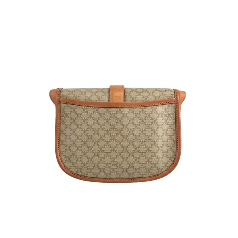 【 日本直送　名牌中古包 】CELINE セリーヌ マカダム ショルダーバッグ ベージュ フロントバックル PVC レザー フラップ ヴィンテージ 3rtyac